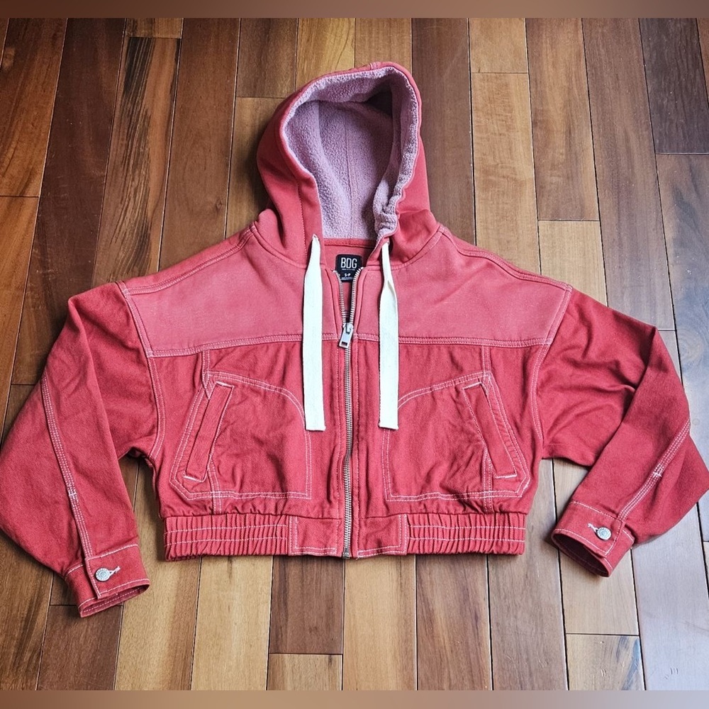 BDG Red Hooded Cropped Denim Jacket
